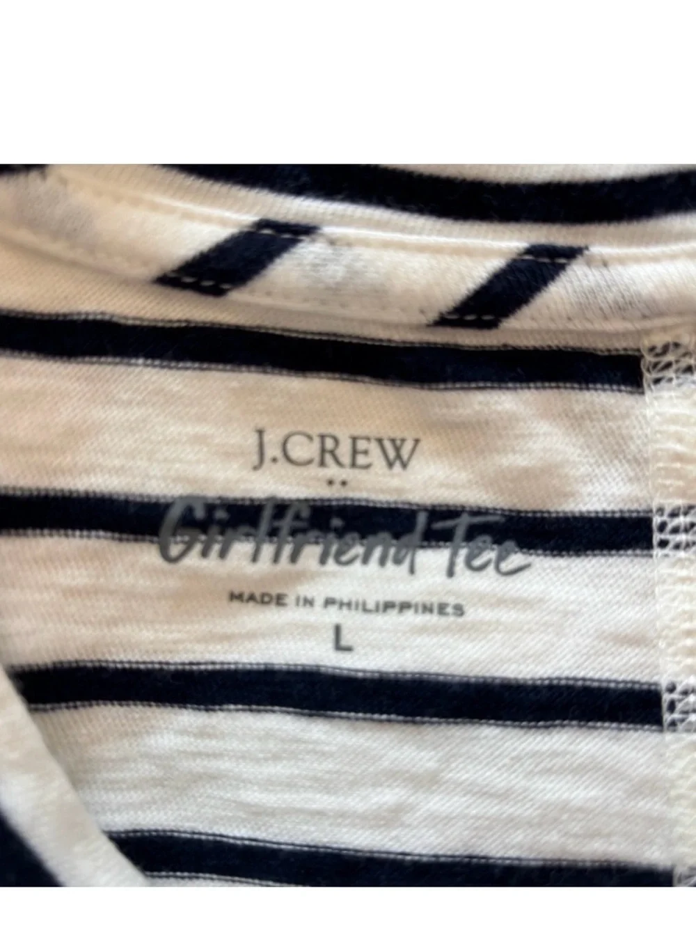 J.Crew Sz L Cotton Girlfriend Tee White & Black Stripes Classic French Chic EUC